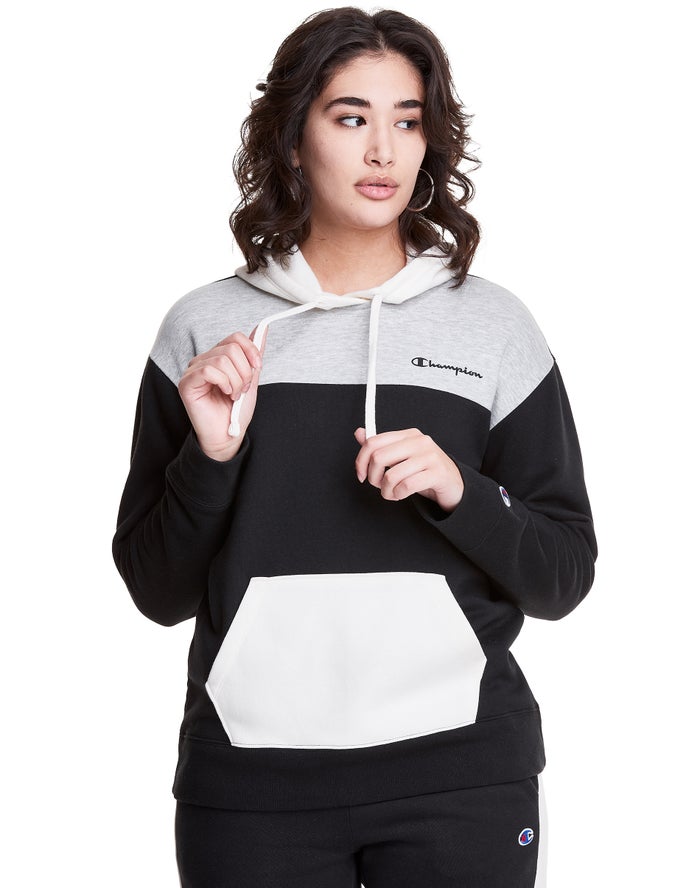 Champion Womens Hoodie NZ - Colorblock Fleece Black/Grey ( 4630-JMUZP )